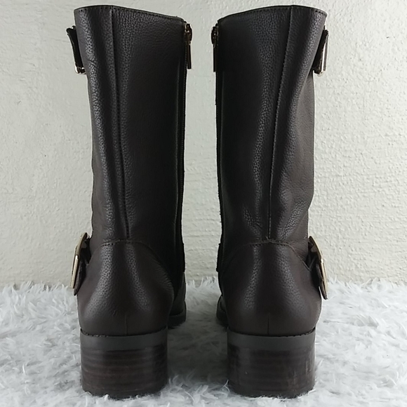 𝅺Sole Society Wylann Brown Leather Almond Toe Block Heel Mid Calf Harness Boot - Picture 7 of 16